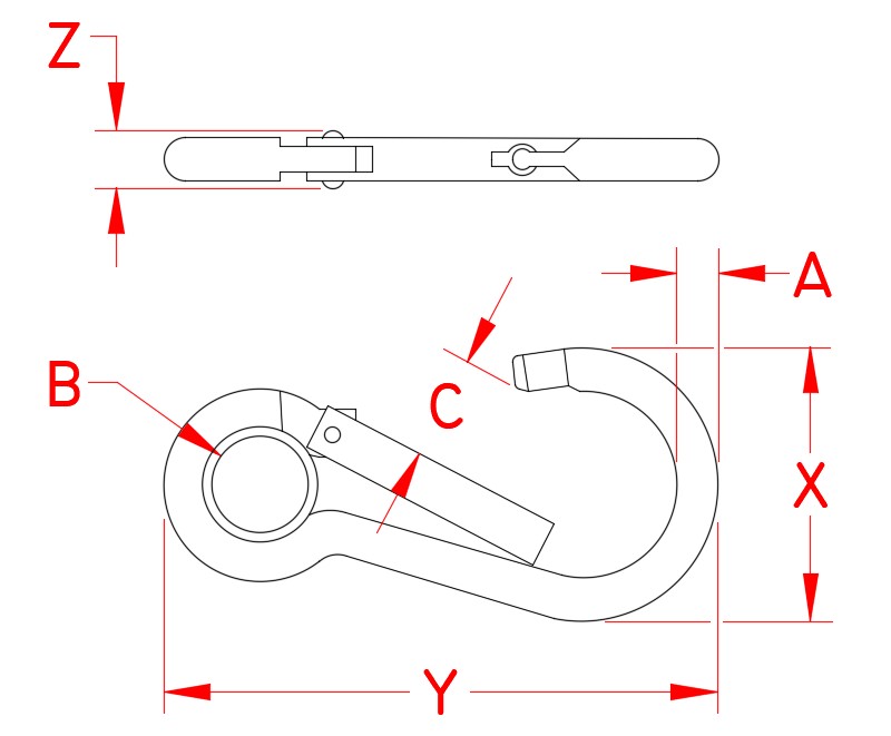 Stainless Steel Key Lock Spring Clip with Eye, S0121-K, S0121-K050, Line Drawing